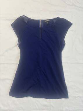 Express Women's Royal Blue Cap Sleeve Blouse with Sheer Mesh Shoulders and Front